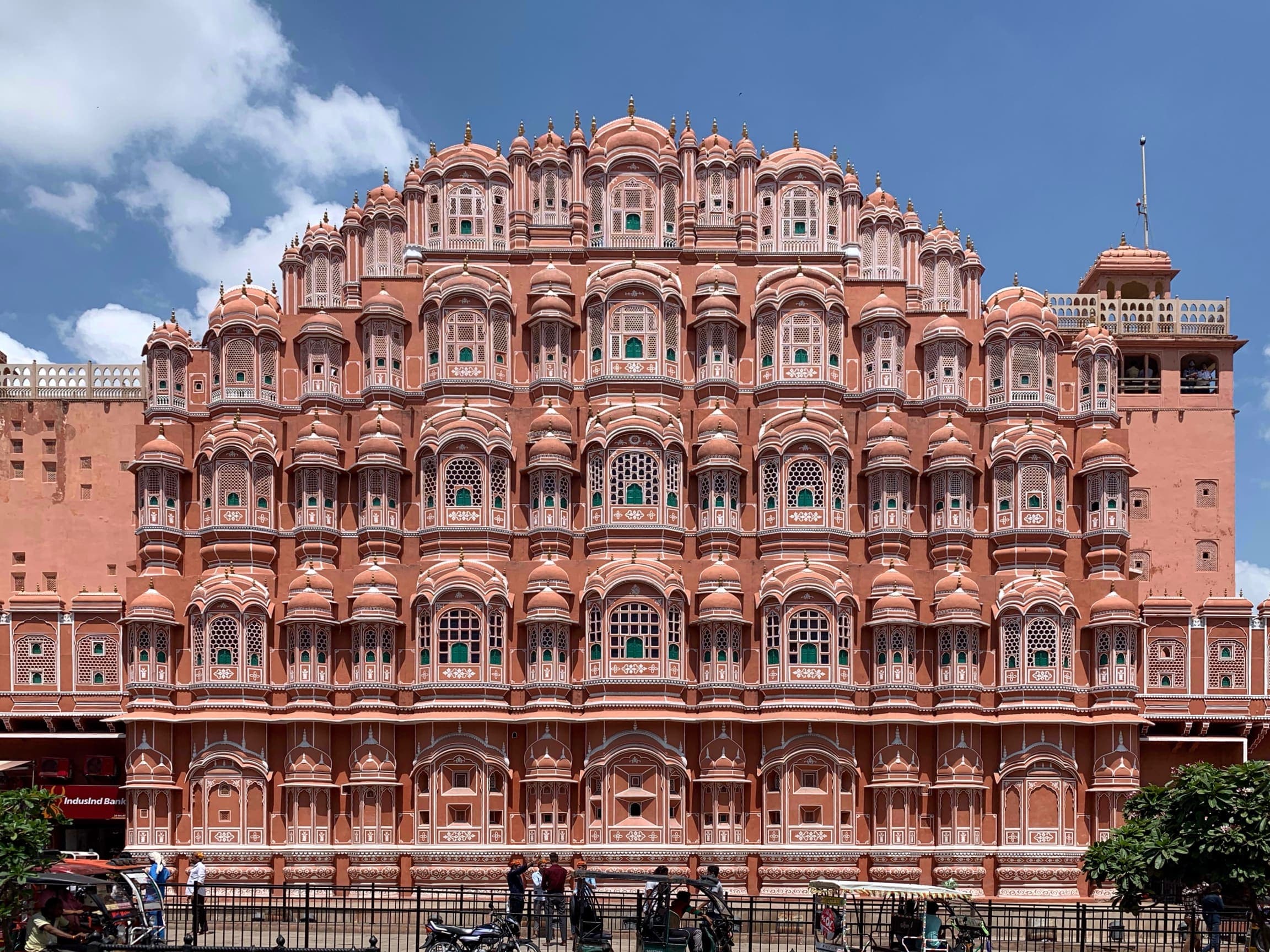 The pink sandstone facade of Hawa Mahal in Jaipur