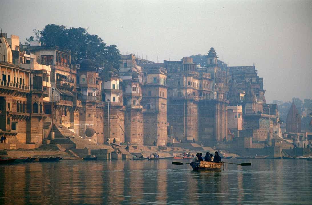 Ghats and boats along the Ganges in Varanasi